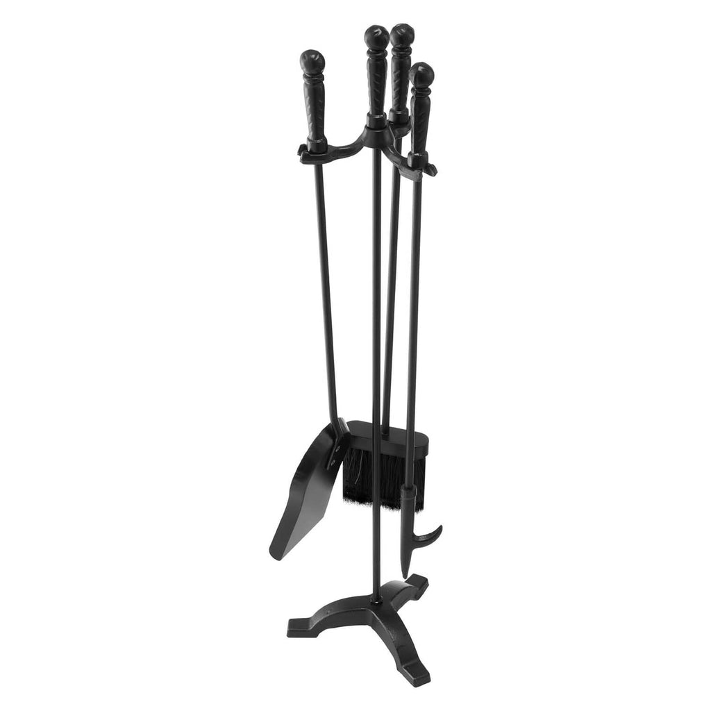 Black 4-piece fireplace tool set on stand with poker, tongs, ash shovel, and brush.