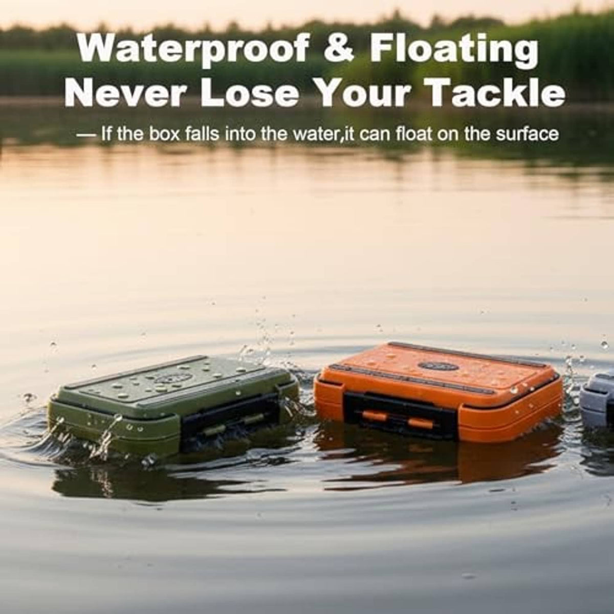 Mini waterproof tackle box set, orange and olive-green cases designed to float