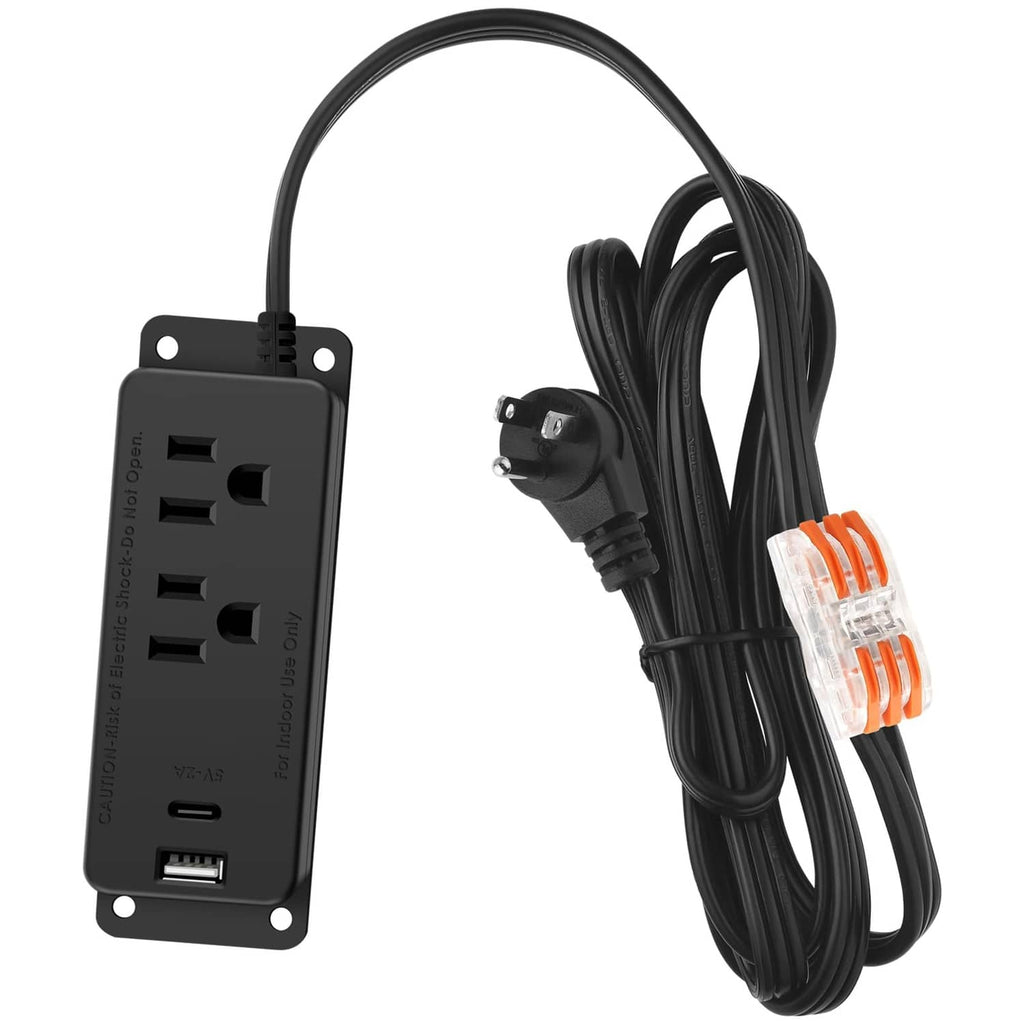 Black outlet panel with AC sockets, USB port, and attached power cord