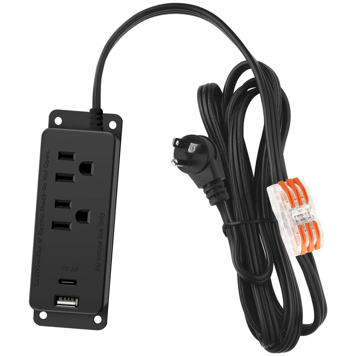 Black outlet panel with AC sockets, USB port, and attached power cord
