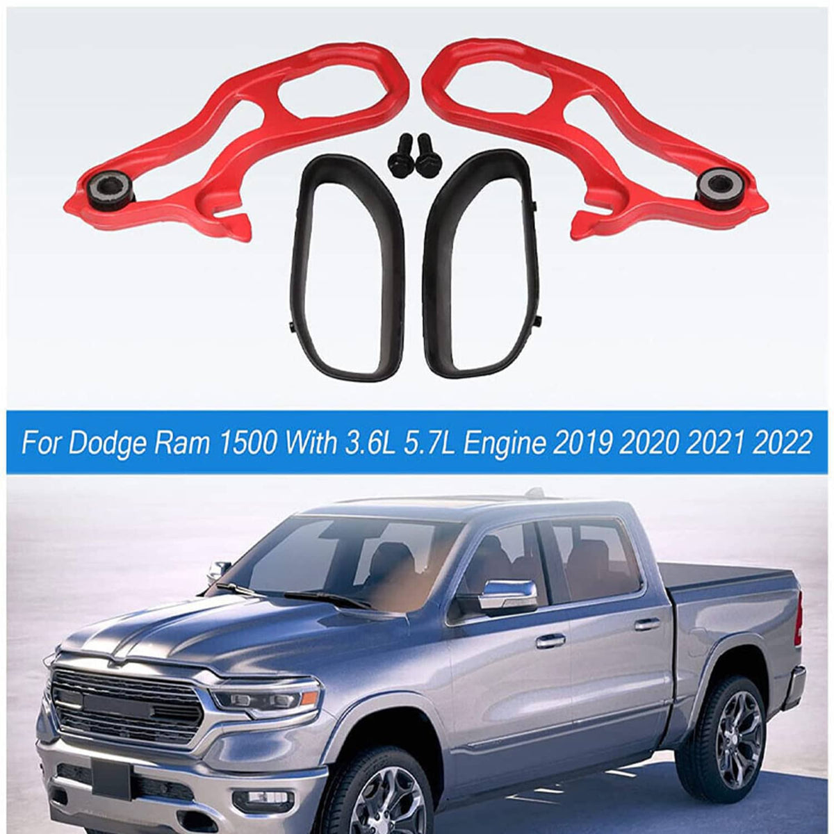Red tow hook set with two black protective brackets and mounting screws