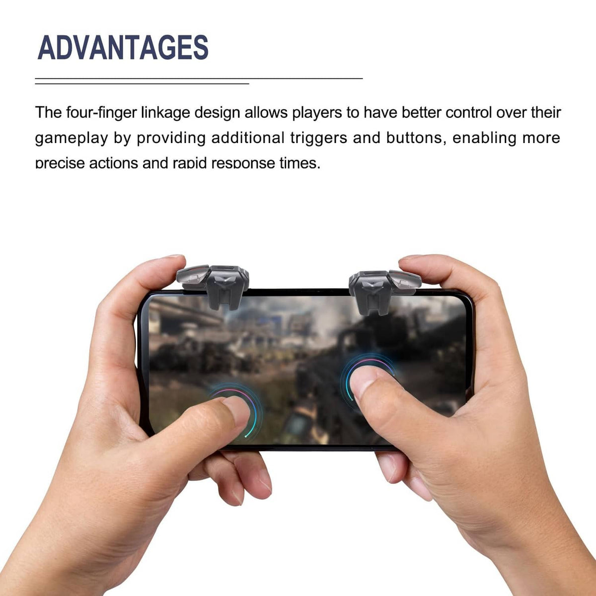 Black phone trigger clips mounted on a smartphone, held by two hands