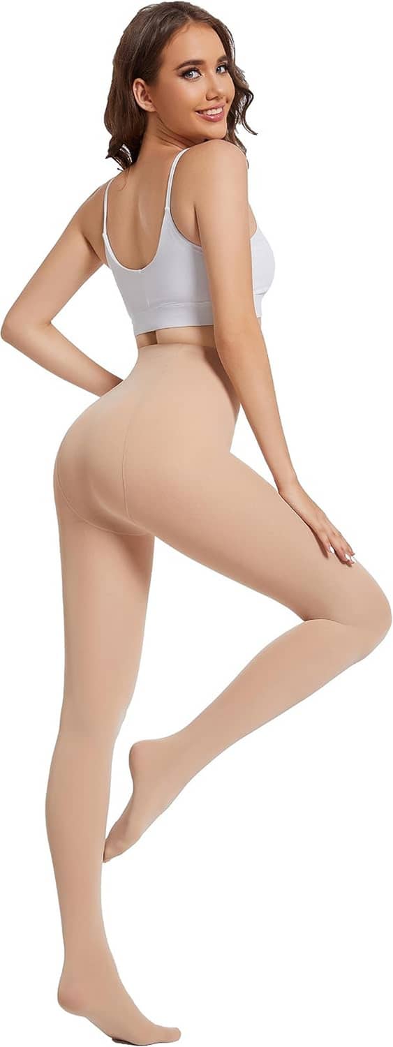 Nude opaque footed tights, side view with high waist and footed fit