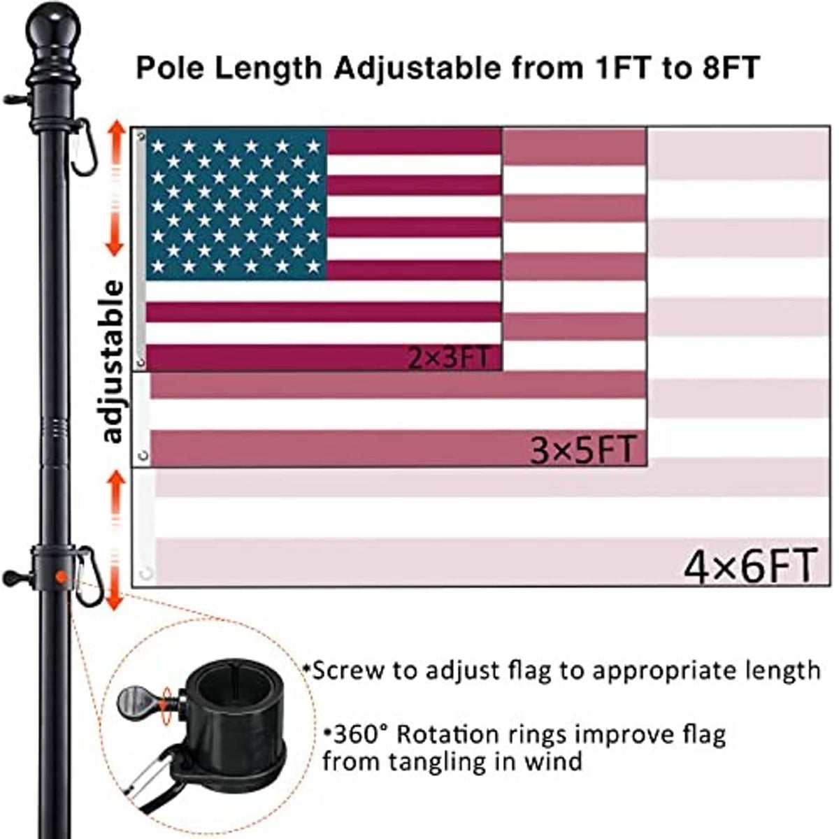 Adjustable black flag pole with screw top and 360° rotation rings.