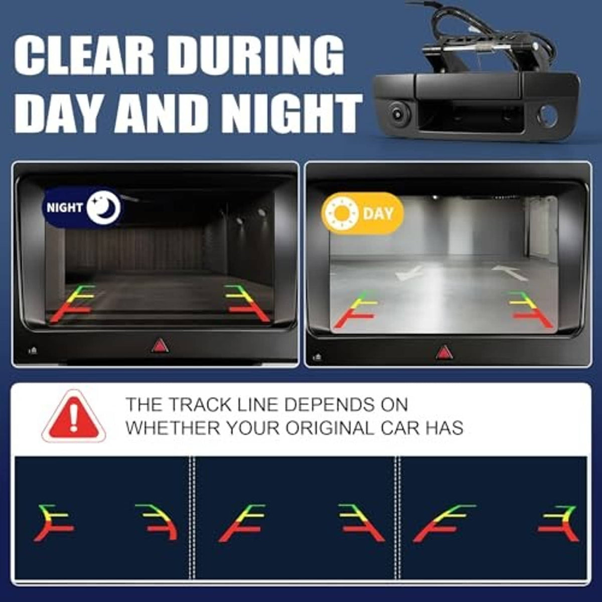 Backup camera monitor showing day and night parking line views
