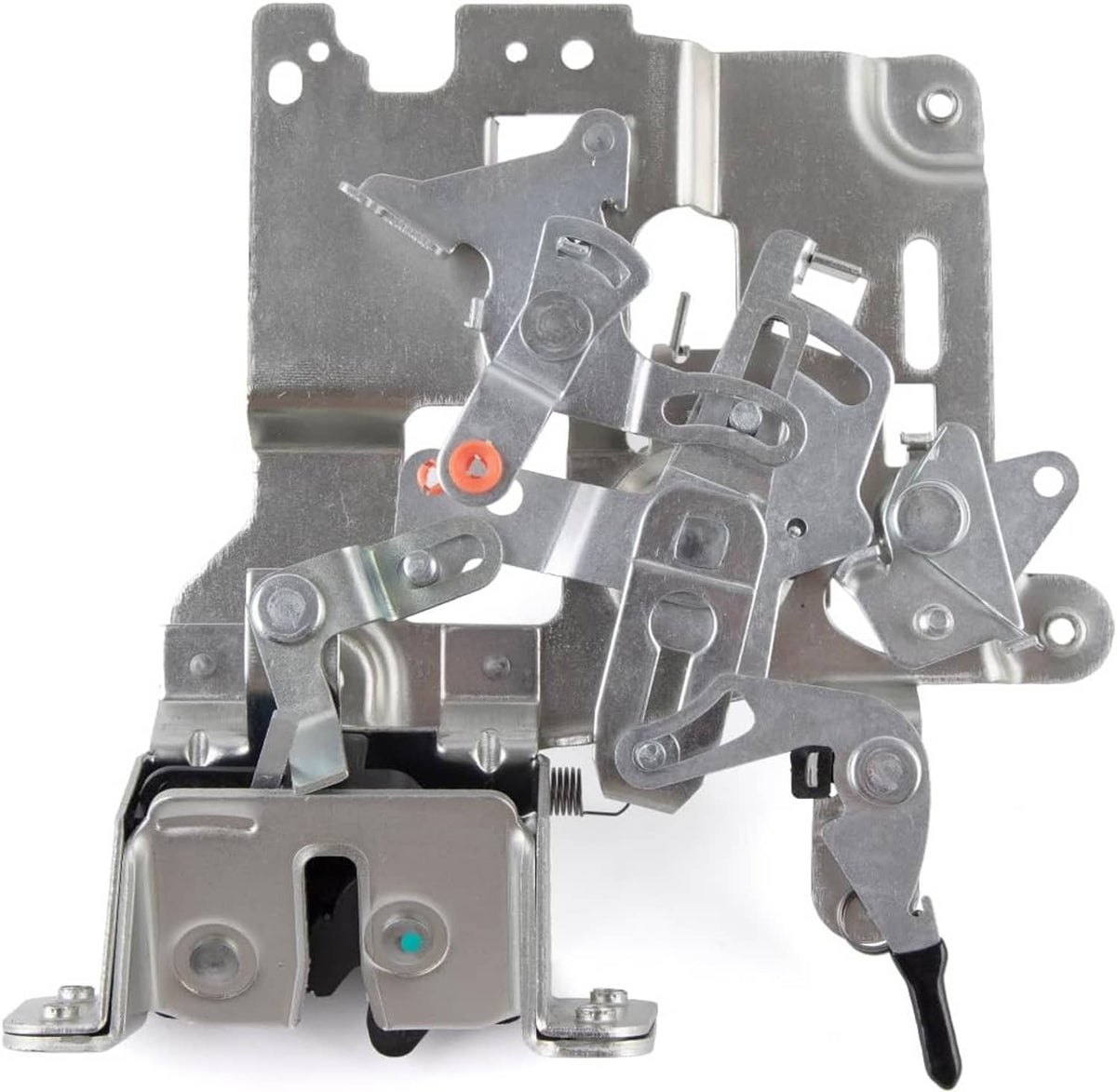 Metal door lock actuator latch mechanism with mounting tabs and black release lever