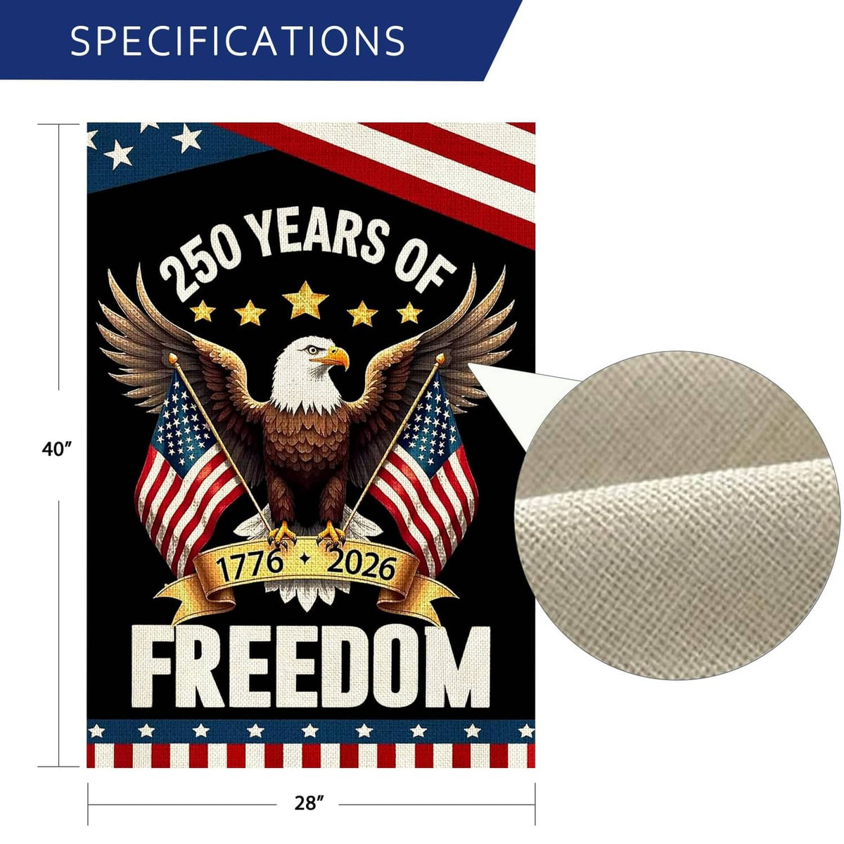 Patriotic garden flag with eagle and “Freedom,” “250 Years of,” and U.S. flag stripes