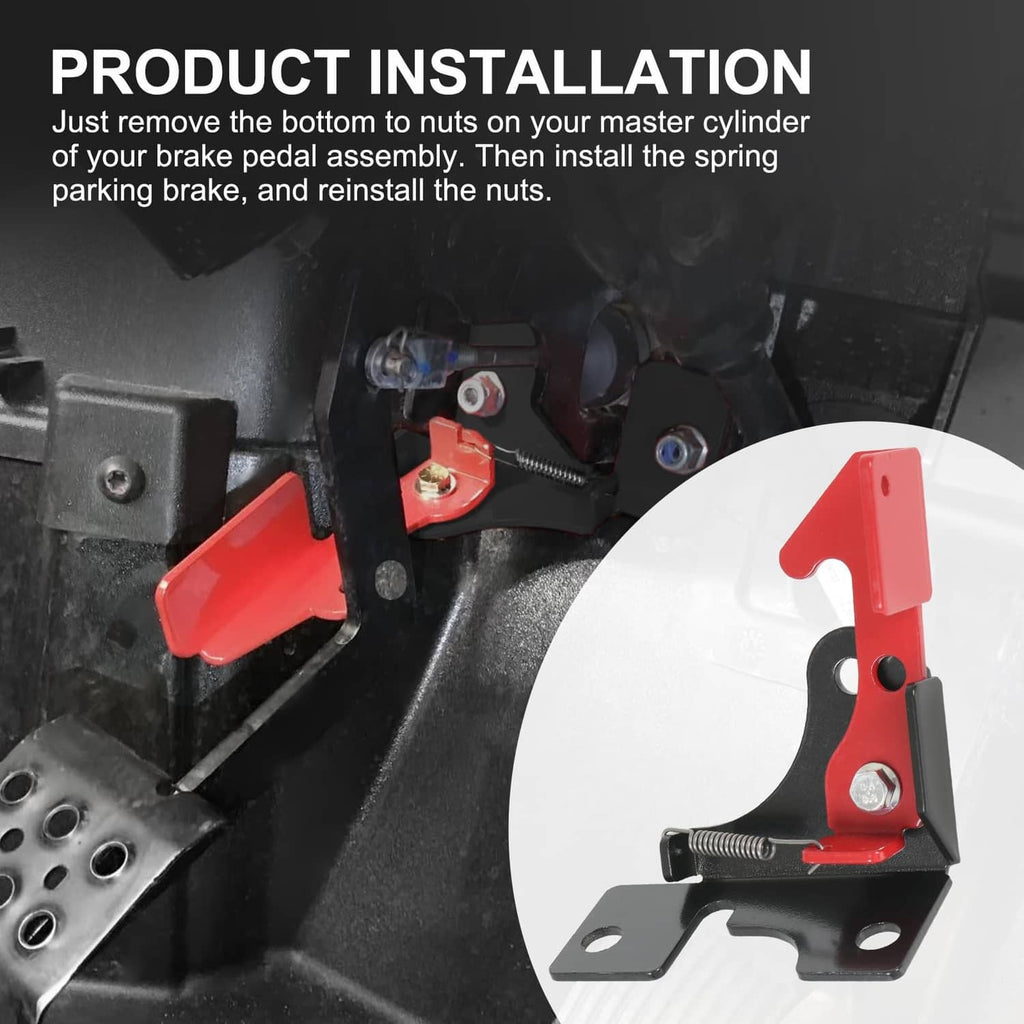 Parking brake spring kit installed on brake pedal area, red lever with coil spring