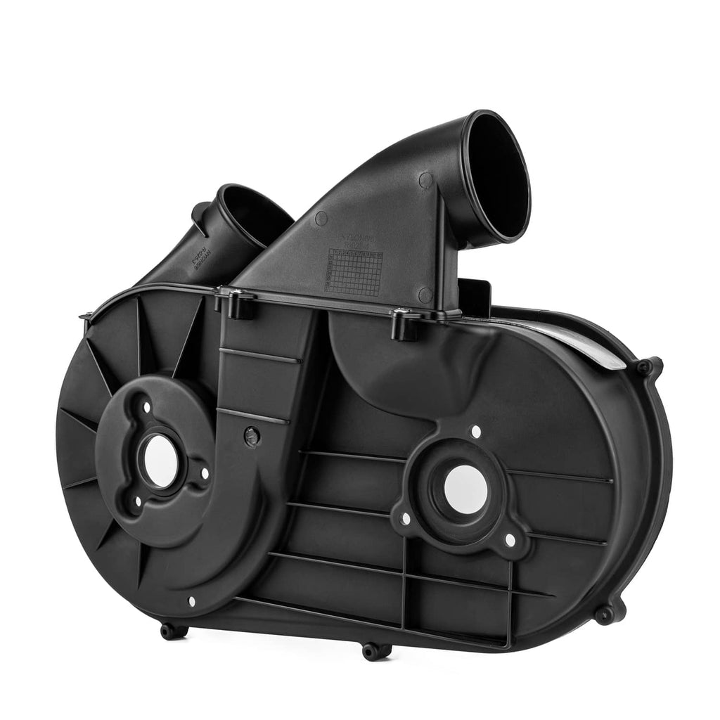 Outer clutch belt cover with side circular openings and large intake outlet