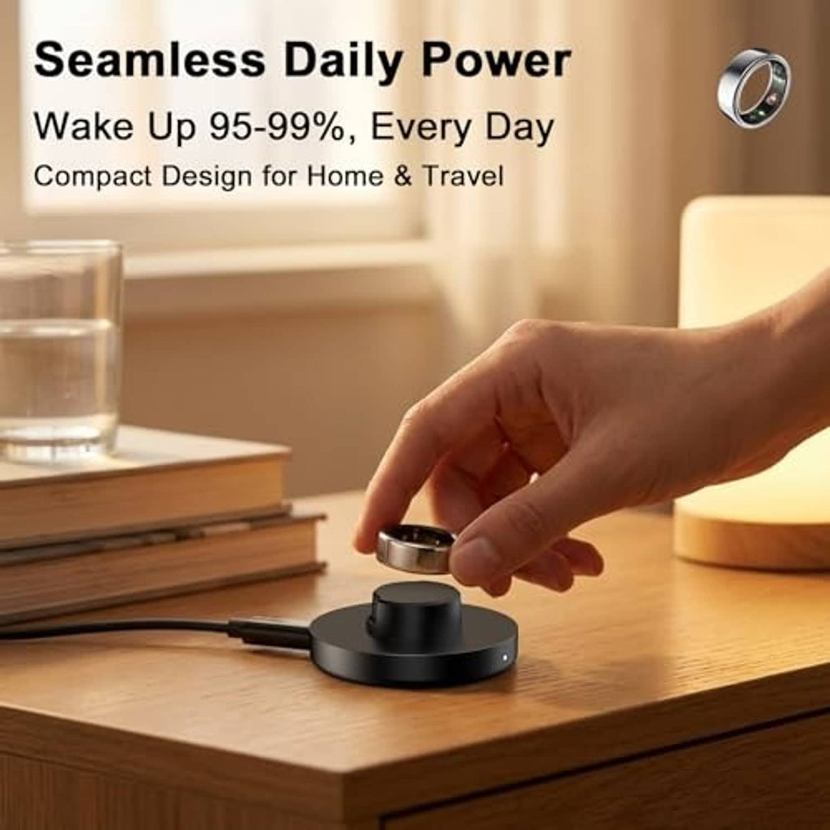 Black charging dock with ring cradle, hand placing the ring for charging