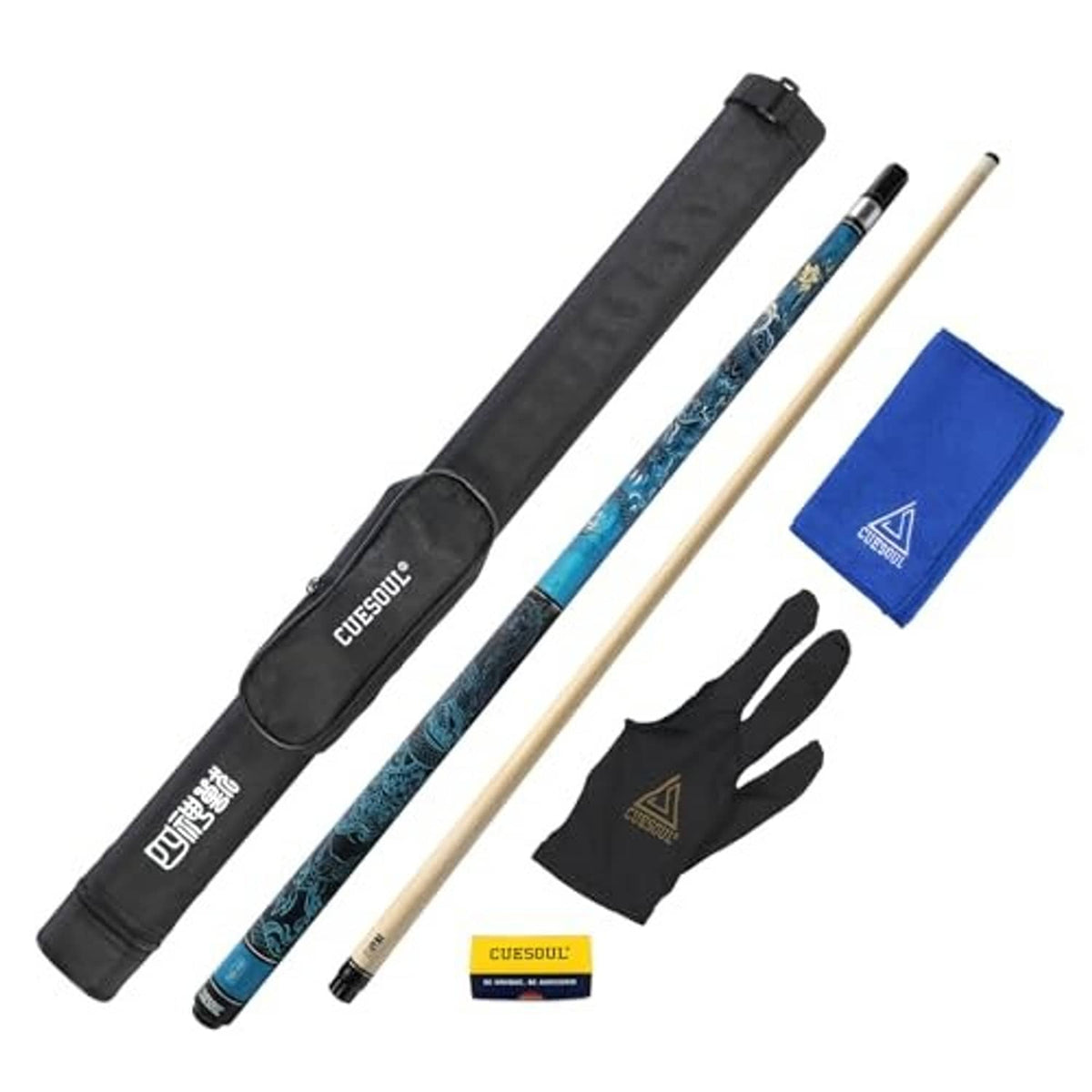 Pool cue set in black case with blue patterned shaft, gloves, and blue accessories