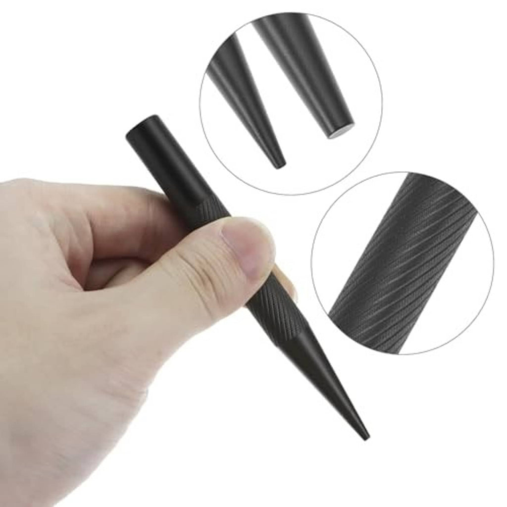 Chainsaw chain breaker pins with black textured tips, shown being held