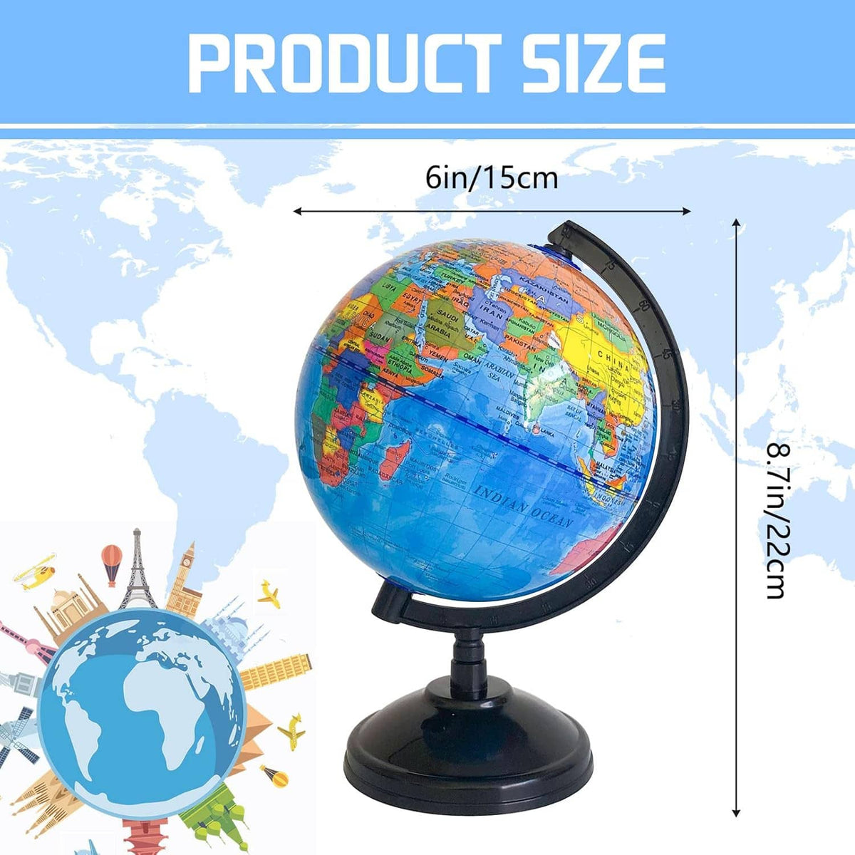 Kids world globe on black stand with colorful printed world map