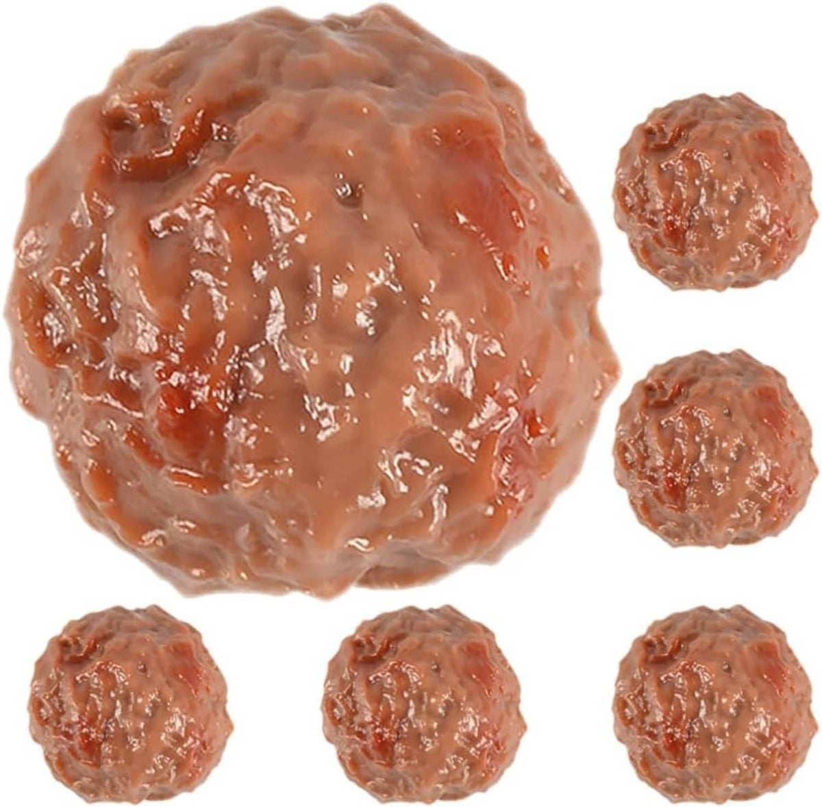 Set of 6 artificial beef meatballs, brown, with one large and five small balls