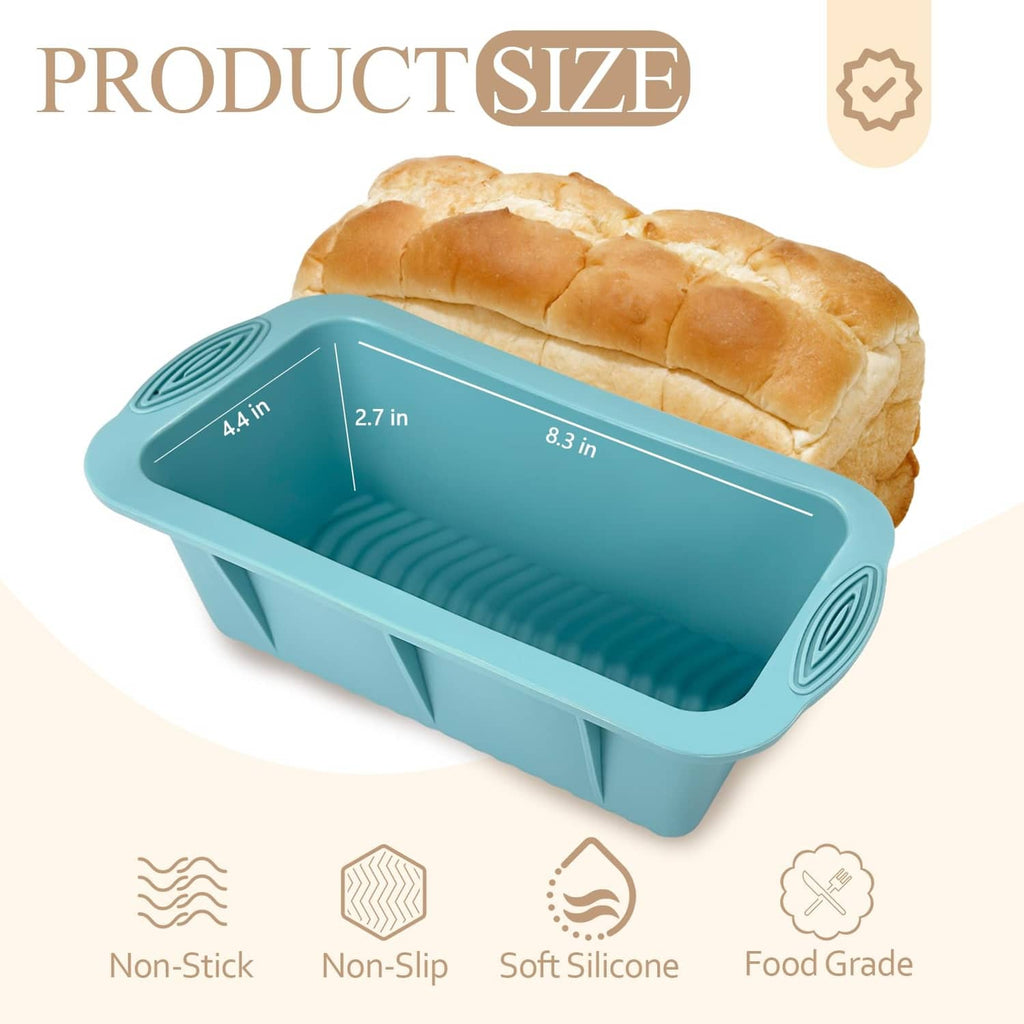 Blue silicone rectangular bread loaf pan with textured base and side grips