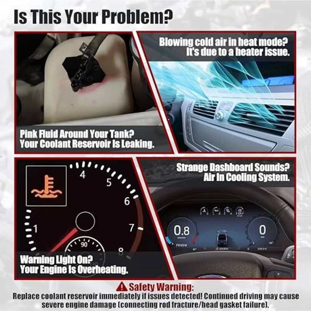 Coolant reservoir leak warning infographic with thermometer and warning icons