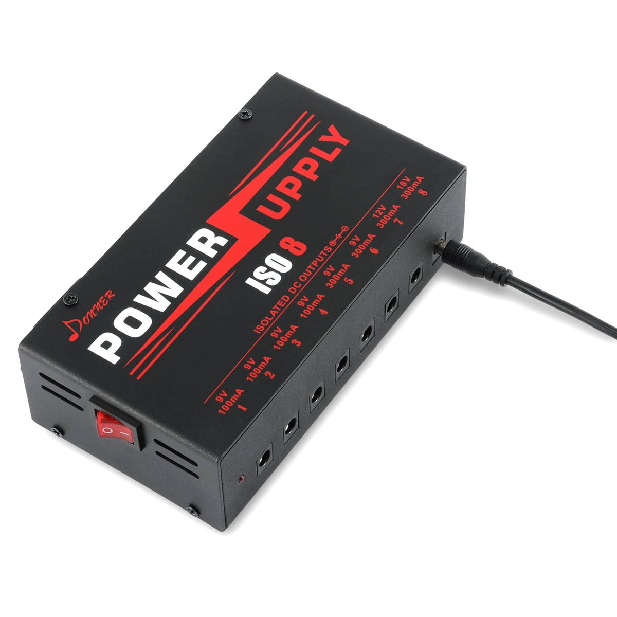 Black DC power cable connected to a guitar pedal power supply, molded plug