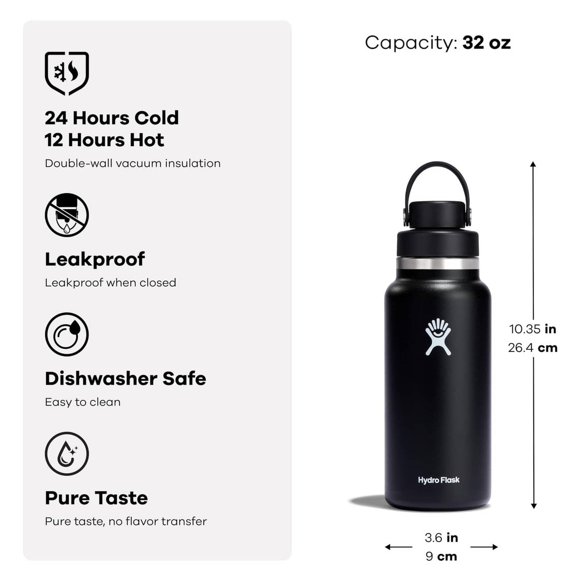 Insulated stainless steel water bottle with black finish and handle cap, 32 oz.