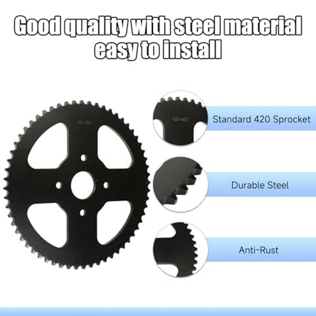 Black 60-tooth 420 sprocket kit with durable steel anti-rust