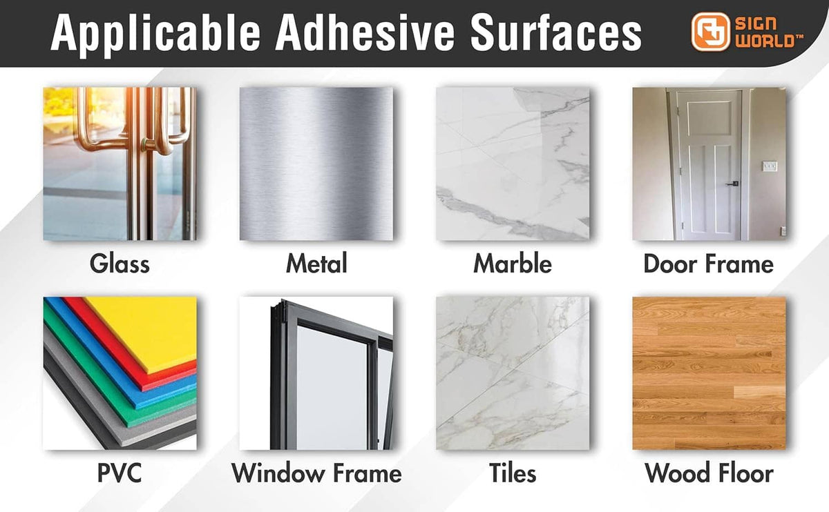 Foam weather stripping tape showing compatible adhesive surfaces: glass, metal, tile, wood
