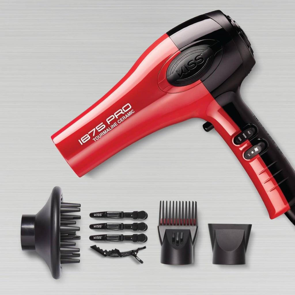 Red and black hair dryer with diffuser, concentrator, and comb attachments