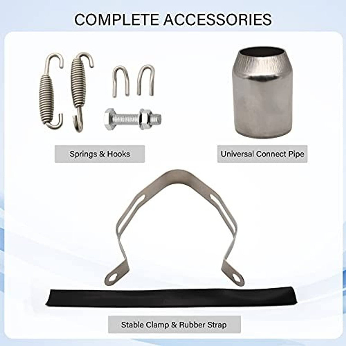 Motorcycle slip-on exhaust muffler accessories set: springs, hooks, universal connect pipe, clamp, strap.