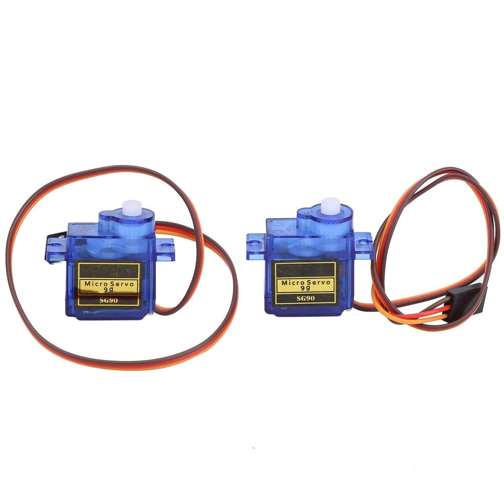 Two blue micro servos with black labels and orange/red wire leads