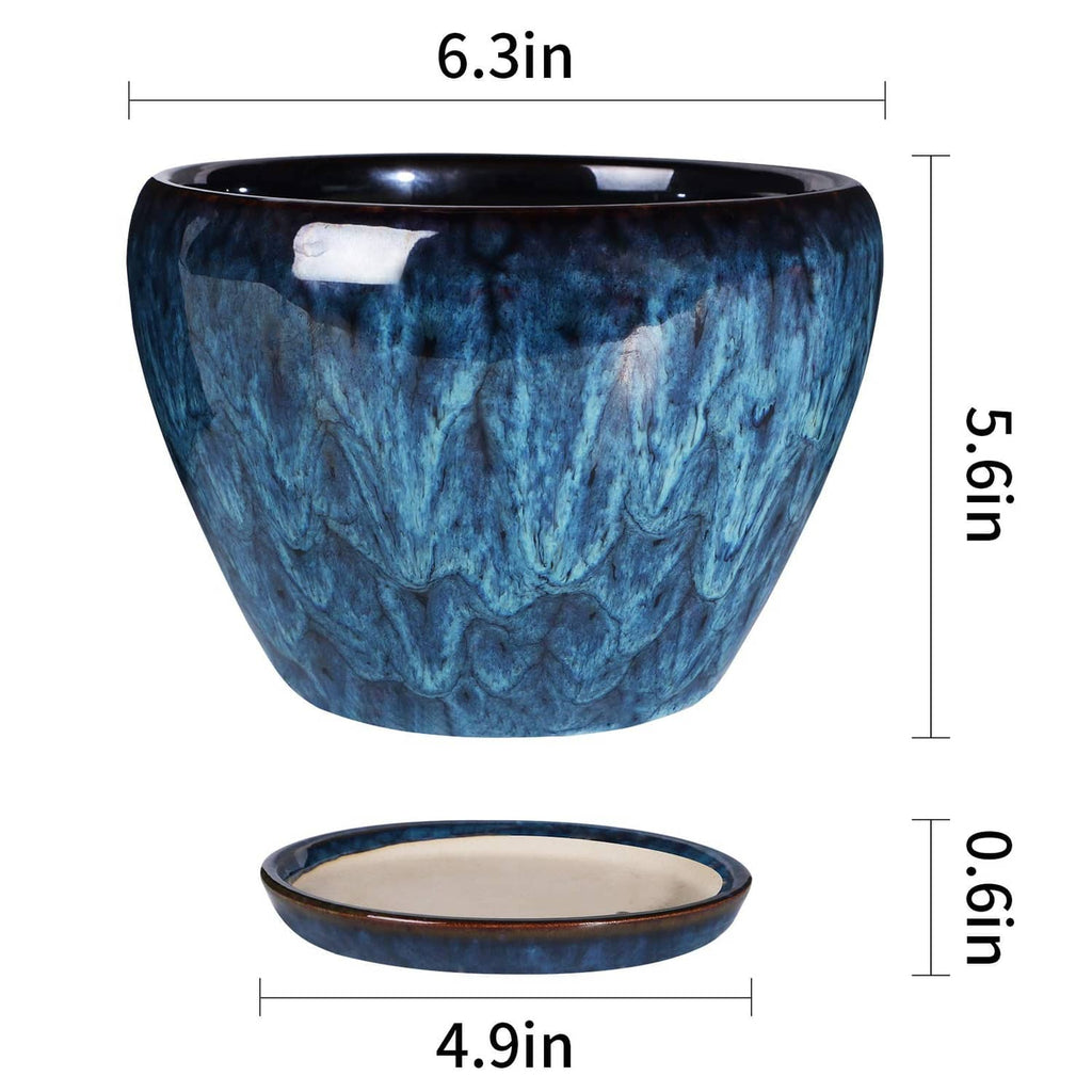 Blue glazed ceramic planter pot, 6.3 in tall, 4.9 in wide