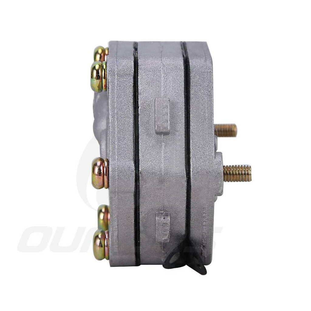 Gray fuel pump assembly side view with black gasket seam and threaded fittings