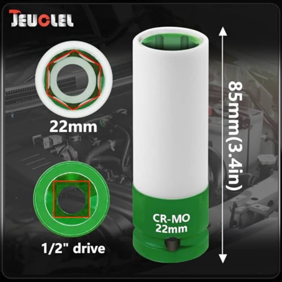 CR-MO 22mm 1/2 drive wheel protector socket sleeve, white tube with green base