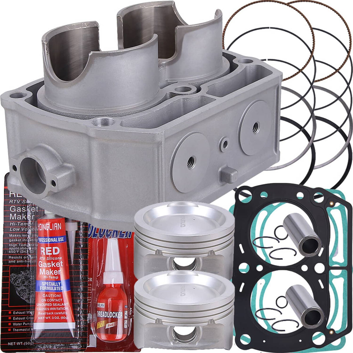Cylinder piston top-end kit with side-view cylinder block, pistons, rings, and gasket set