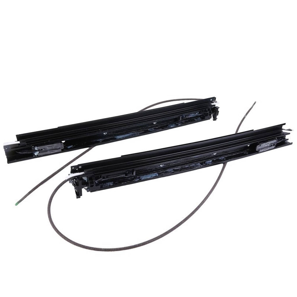 Two black sunroof sliding tracks with installed wires and rail hardware, set of 2