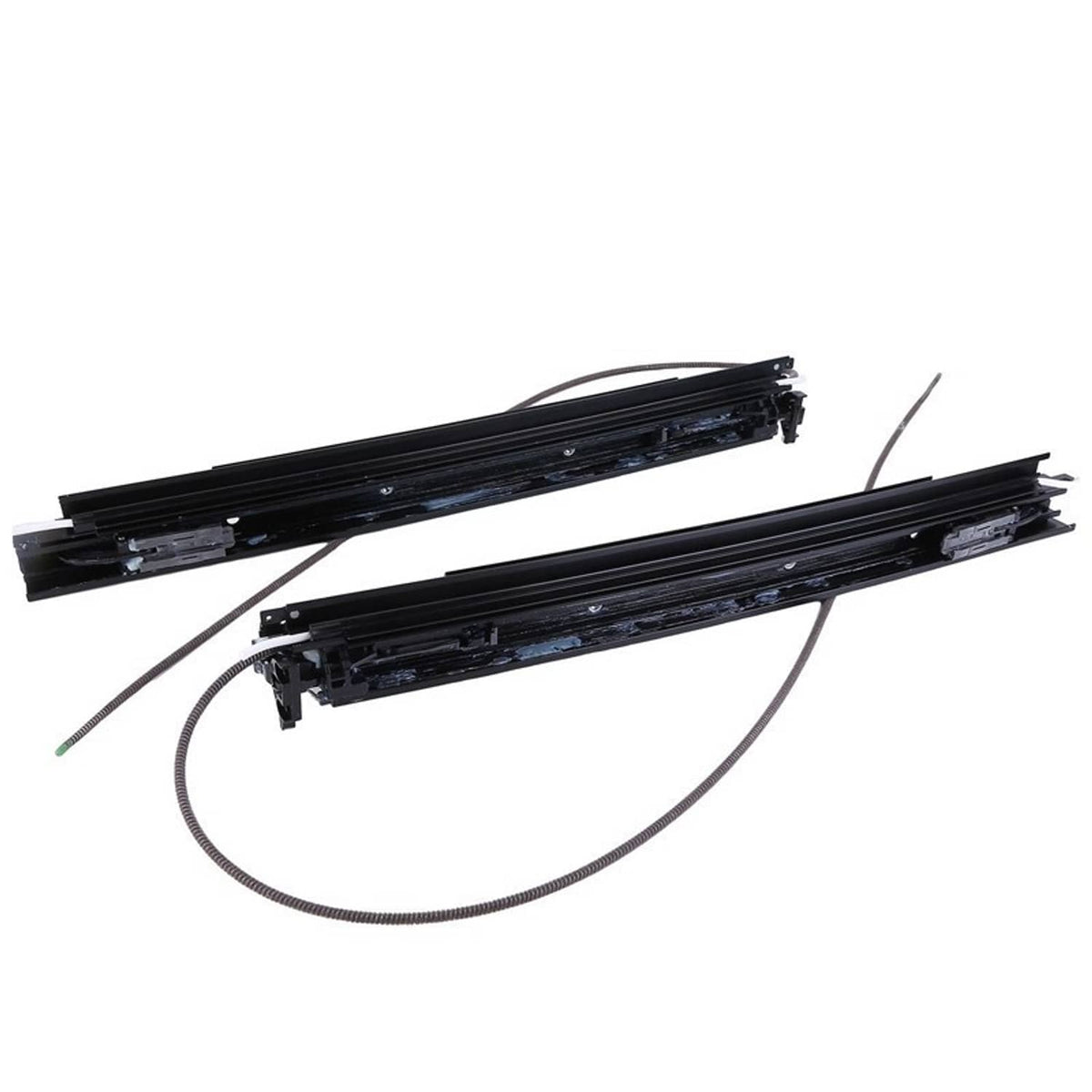 Two black sunroof sliding tracks with installed wires and rail hardware, set of 2