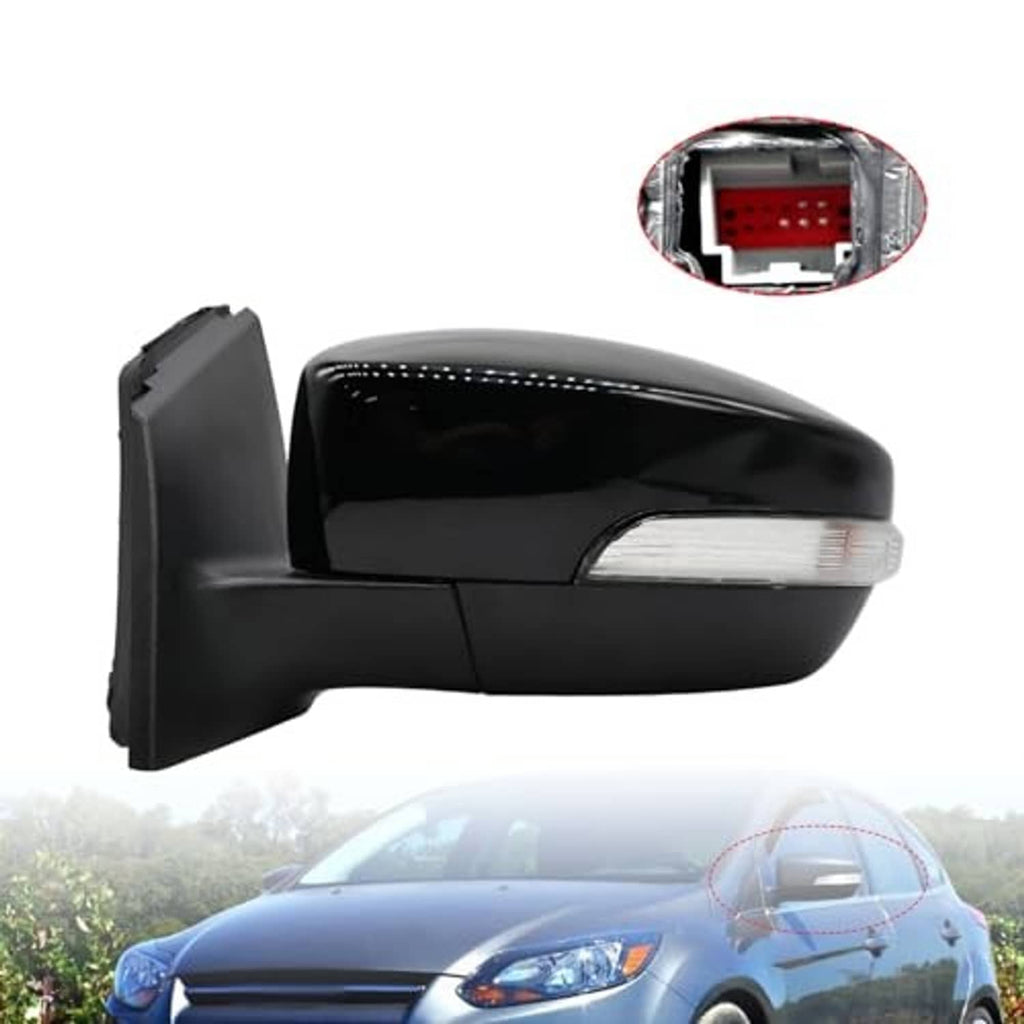 Left side mirror assembly with black housing, chrome turn-signal strip, and wiring ports