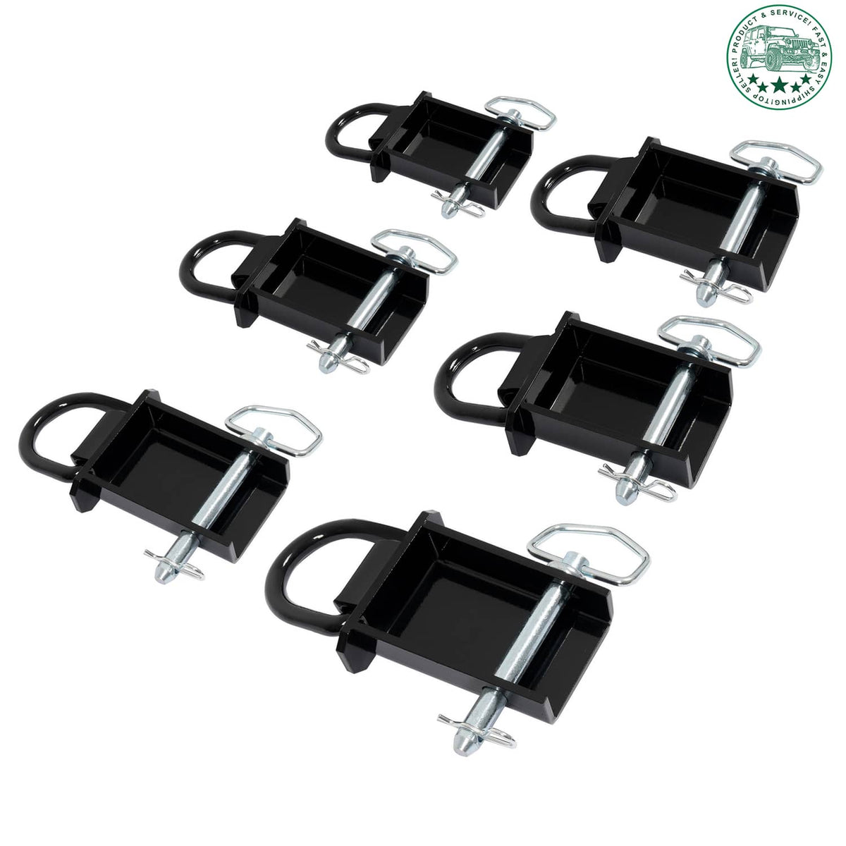 Assorted black stake pockets with arched D-rings and galvanized mounting brackets