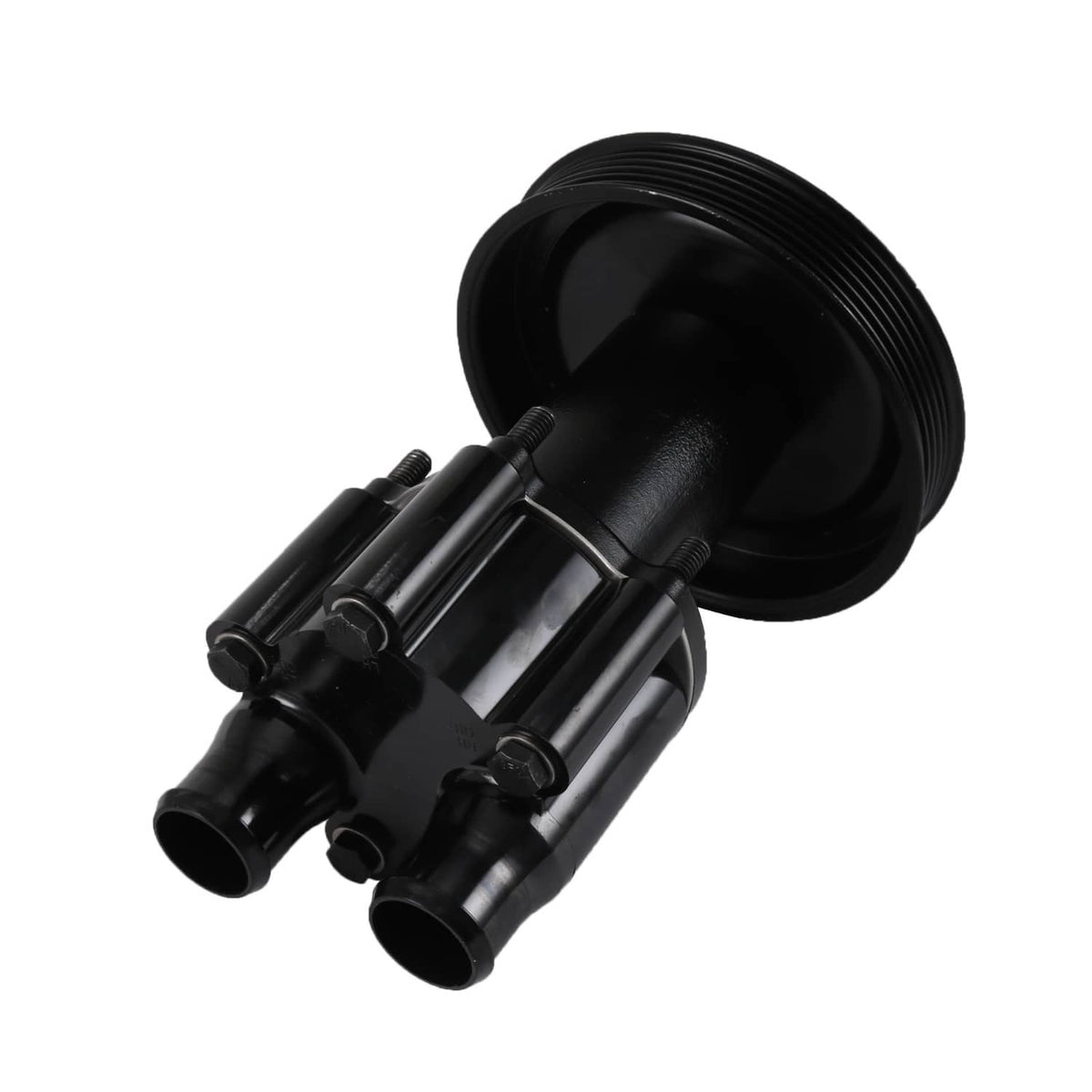 Raw sea water pump with pulley, close view of black impeller housing and ports