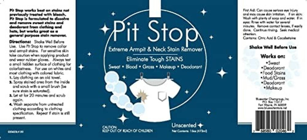 Pit Stop extreme amping and neck stain remover product label with barcode