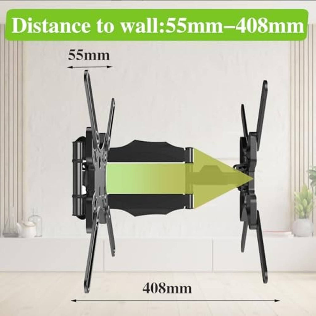 TV mount diagram showing distance to wall 55–408 mm for articulating arms