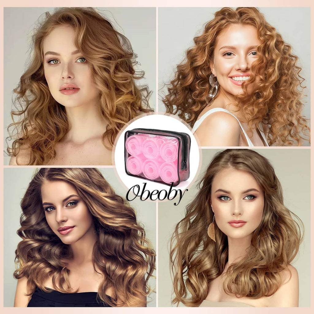 Pink self-grip hair rollers creating curled hairstyles in a collage
