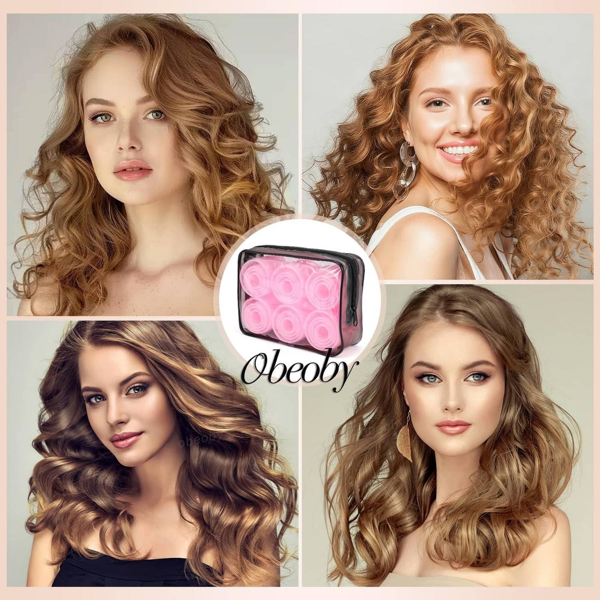 Pink self-grip hair rollers creating curled hairstyles in a collage