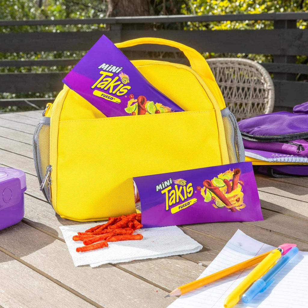 Takis Mini Fuego snack pack in a yellow lunch bag, with purple mini pouch