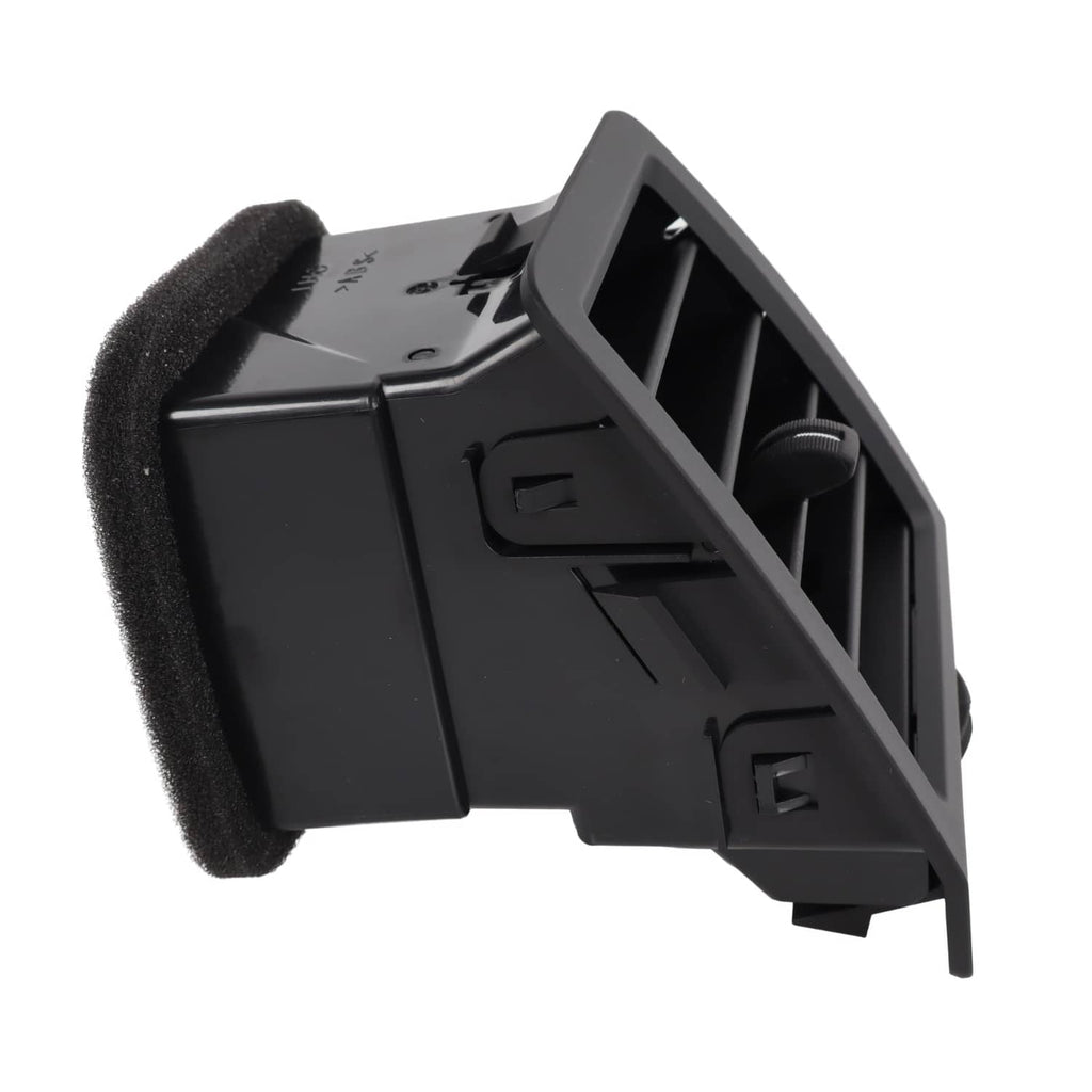 Dashboard A/C air vent housing with vent grille insert, side view, dark gray/black.