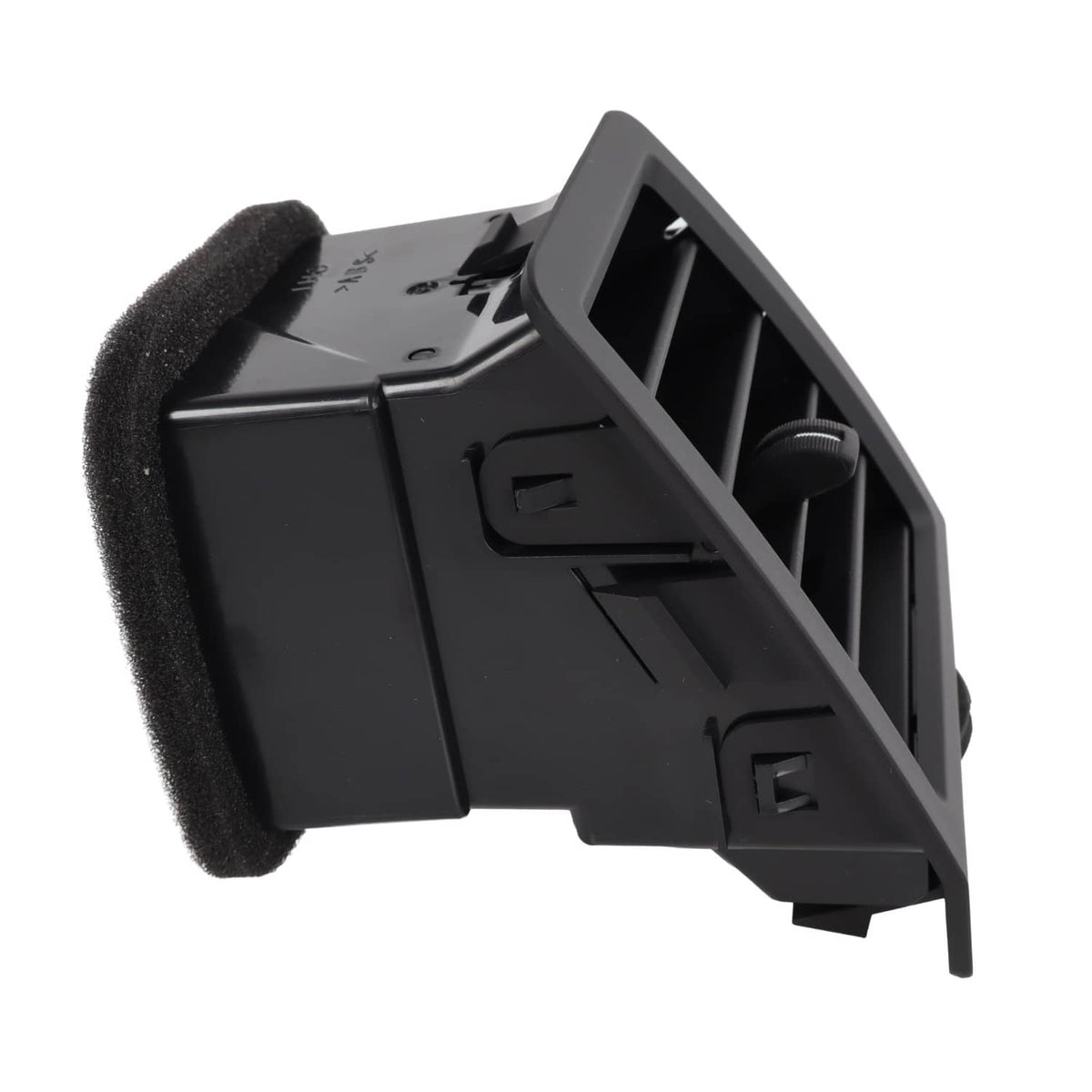 Dashboard A/C air vent housing with vent grille insert, side view, dark gray/black.