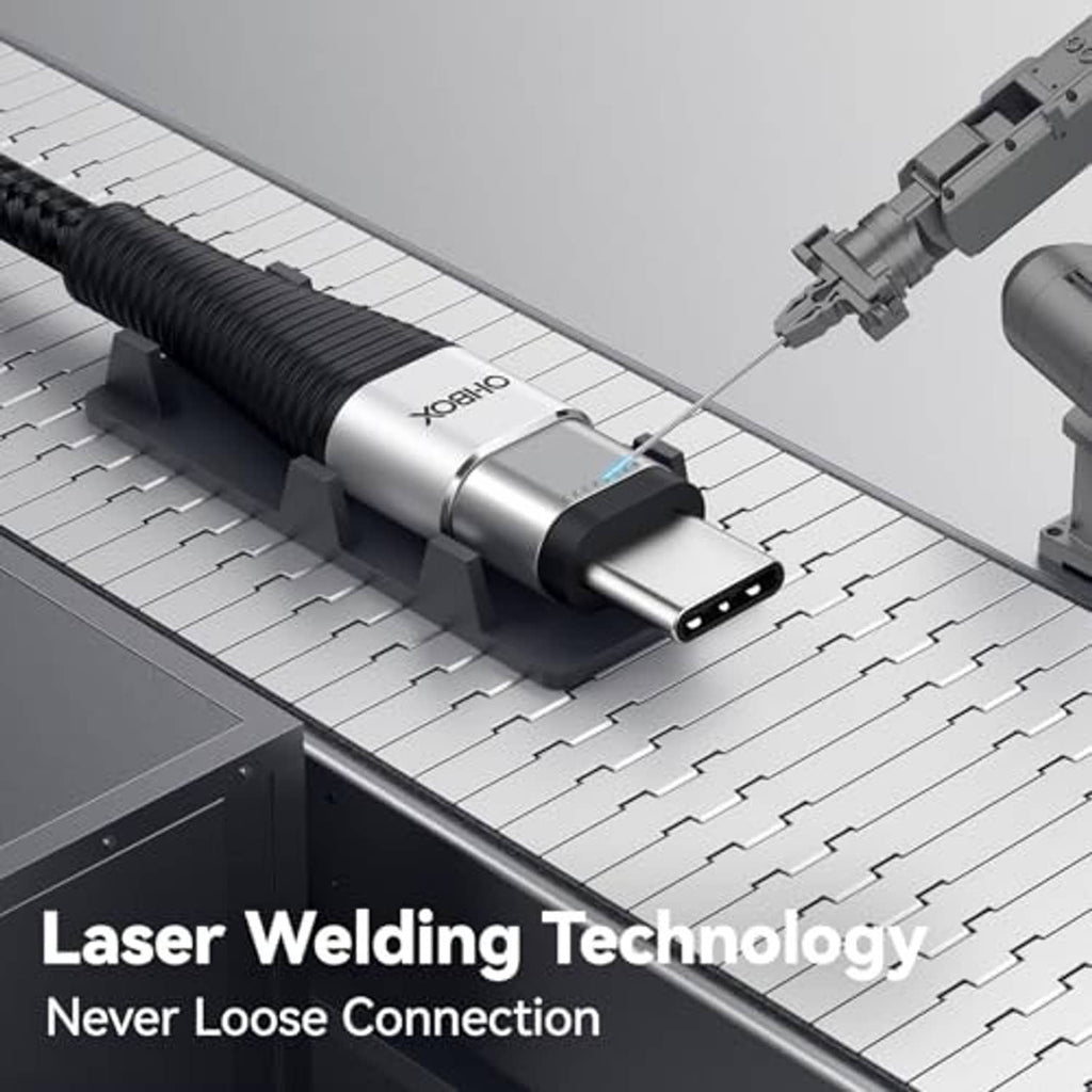 Braided black USB-C to USB-C cable end with metal connector and strain relief.