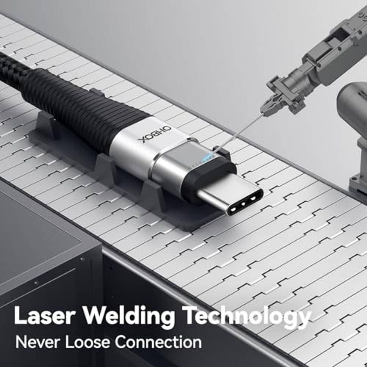 Braided black USB-C to USB-C cable end with metal connector and strain relief.