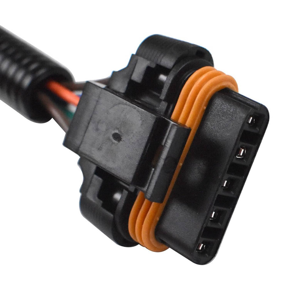 Engine wiring harness plug connector with orange inner seal and black housing