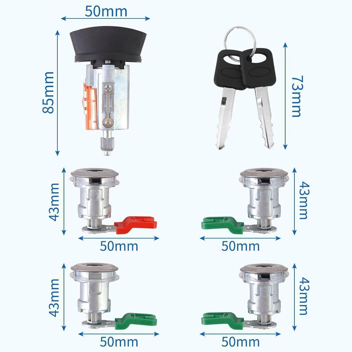 Ignition and door lock cylinders shown with size measurements and key blanks
