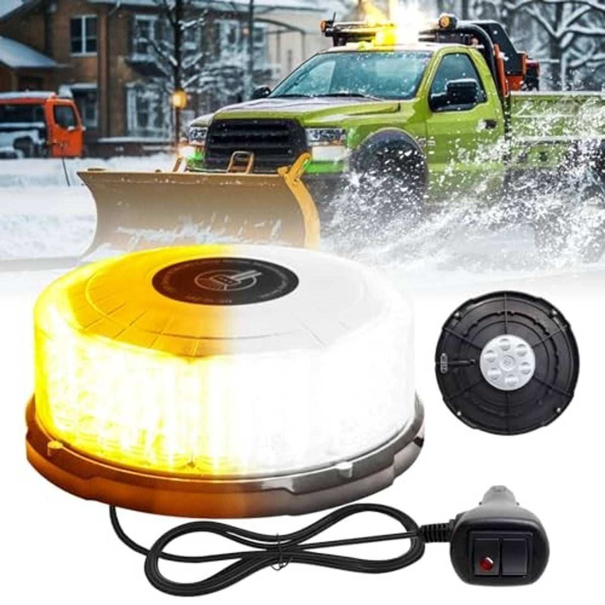 Magnetic LED strobe beacon light set with amber dome, circular lens, and black power switch