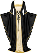 Black velvet medieval-style dress with open front, cream satin panel, gold trim, long cape sleeves