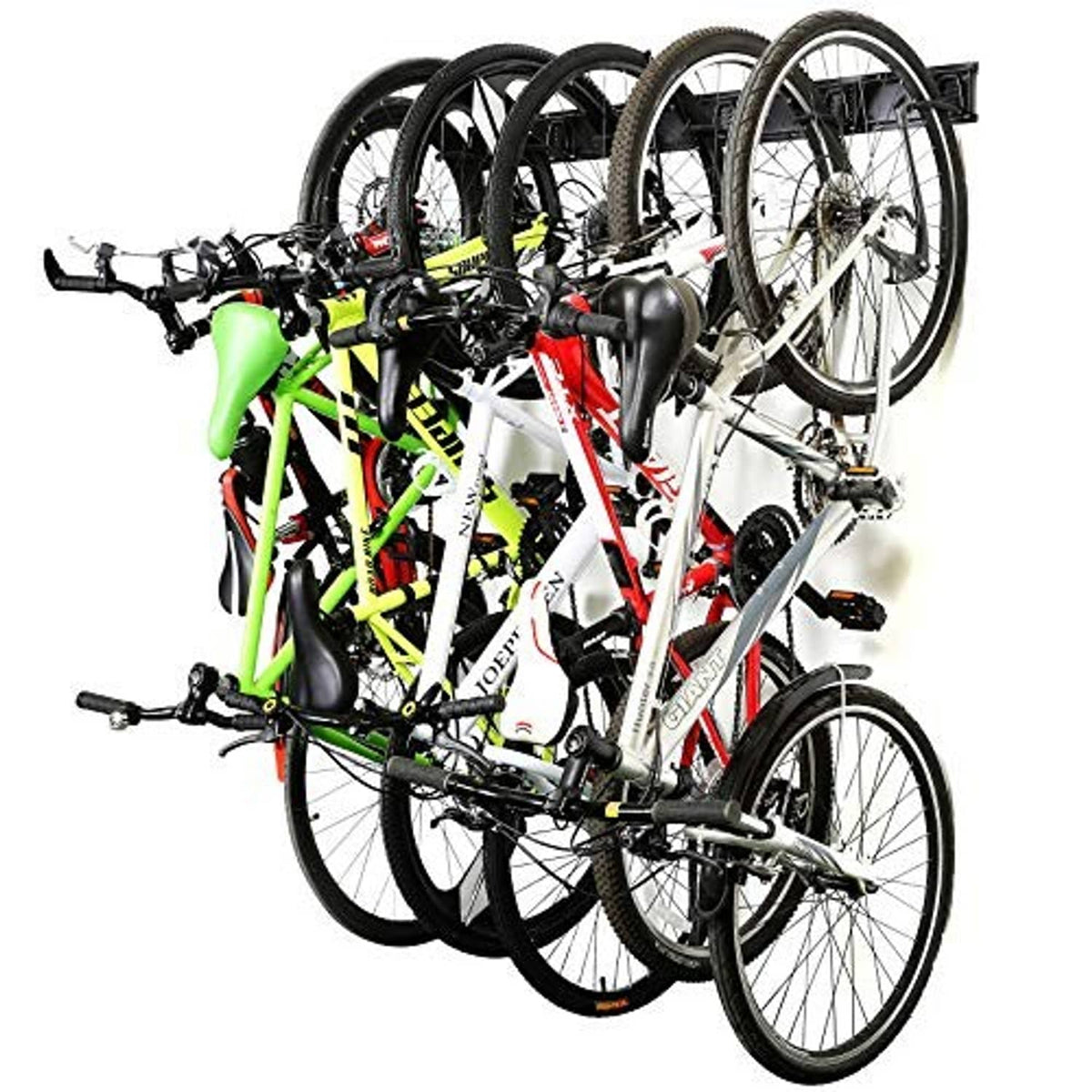 Bike storage wall rack with curved padded hooks for multiple bicycles